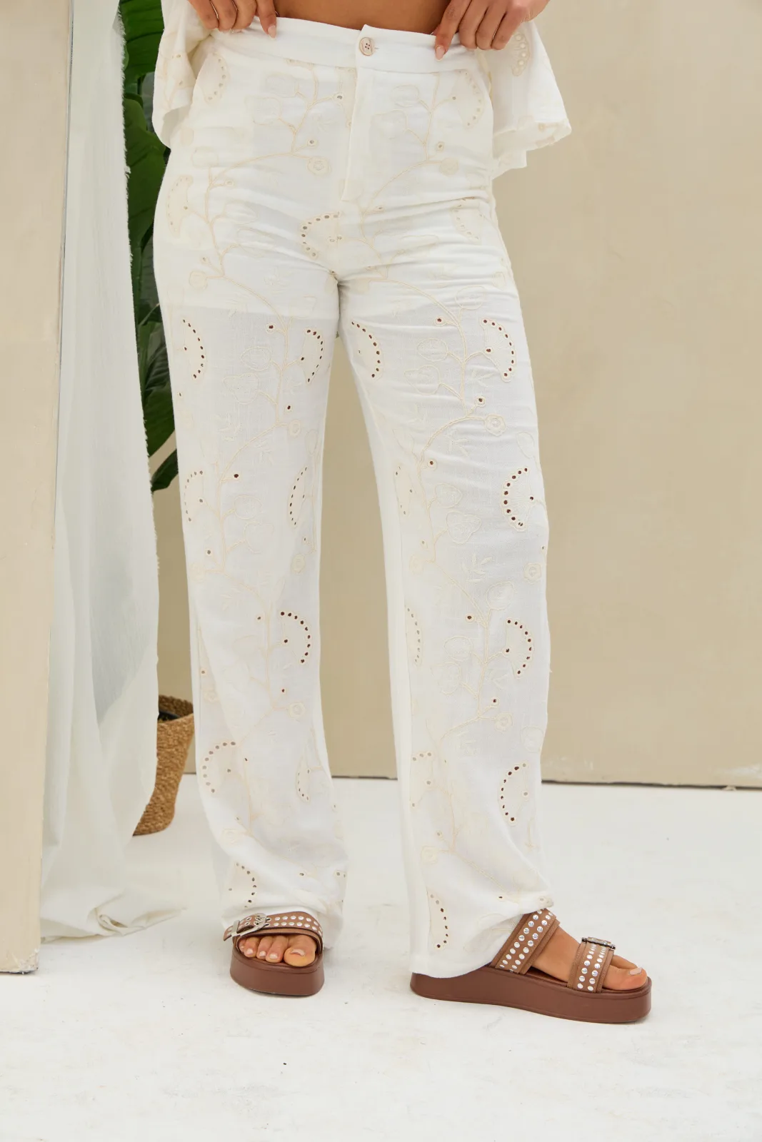 Pantalon Bordado Lino Blanco