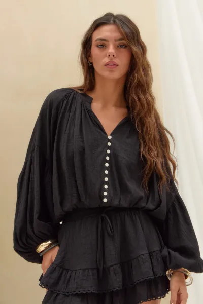 Blusa Globo Botones Negro