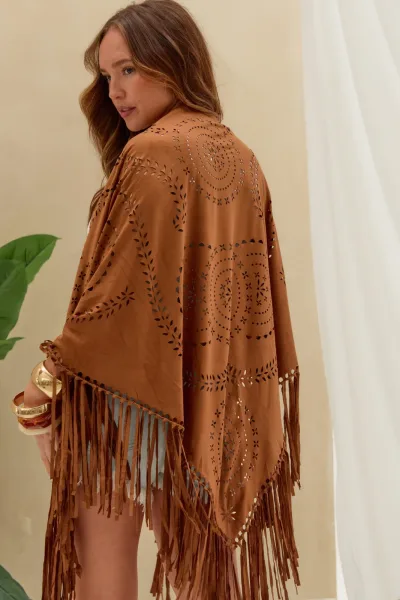 Poncho Gamuza Flecos Camel