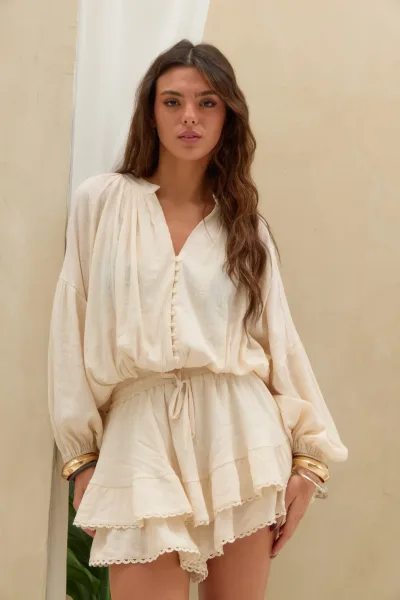 Blusa Globo Botones Crudo