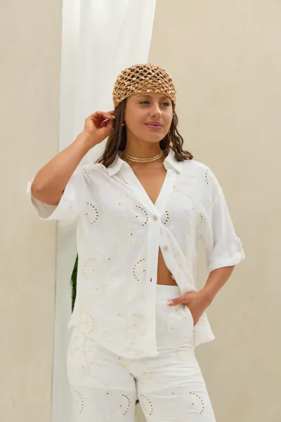Pantalon Bordado Lino Blanco