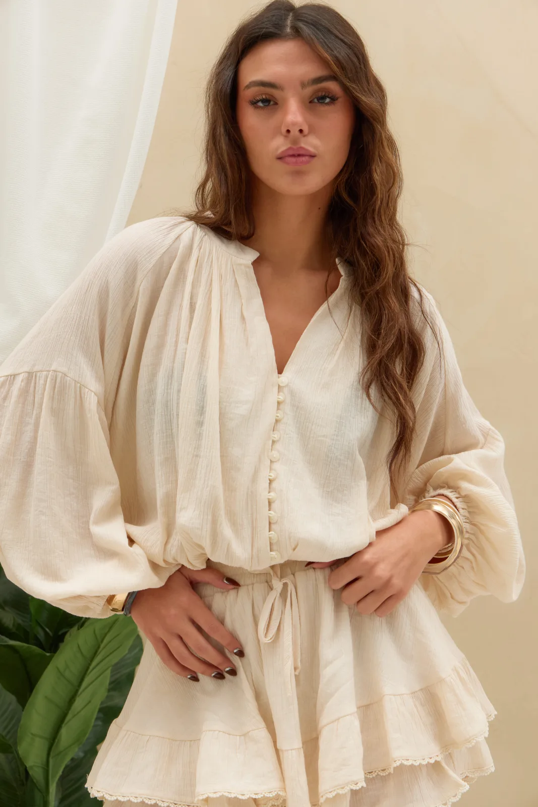 Blusa Globo Botones Crudo