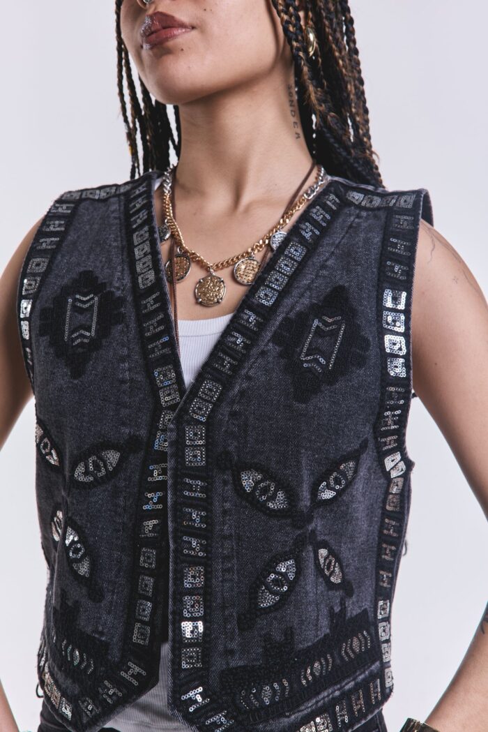 Chaleco Jean Bordado Negro - Imagen 2